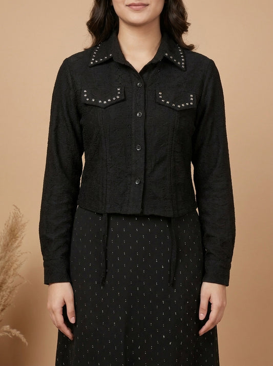Studded Cropped Jacket with Patterned Maxi Dress Set