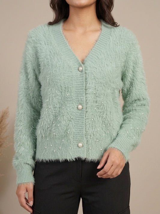Pearl Embellished Plush Knit Cardigan