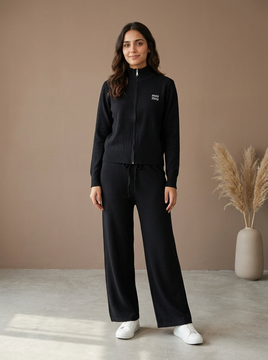 Zip-Up Knit Jacket & Drawstring Wide-Leg Trouser 2-Piece Co-ord Set