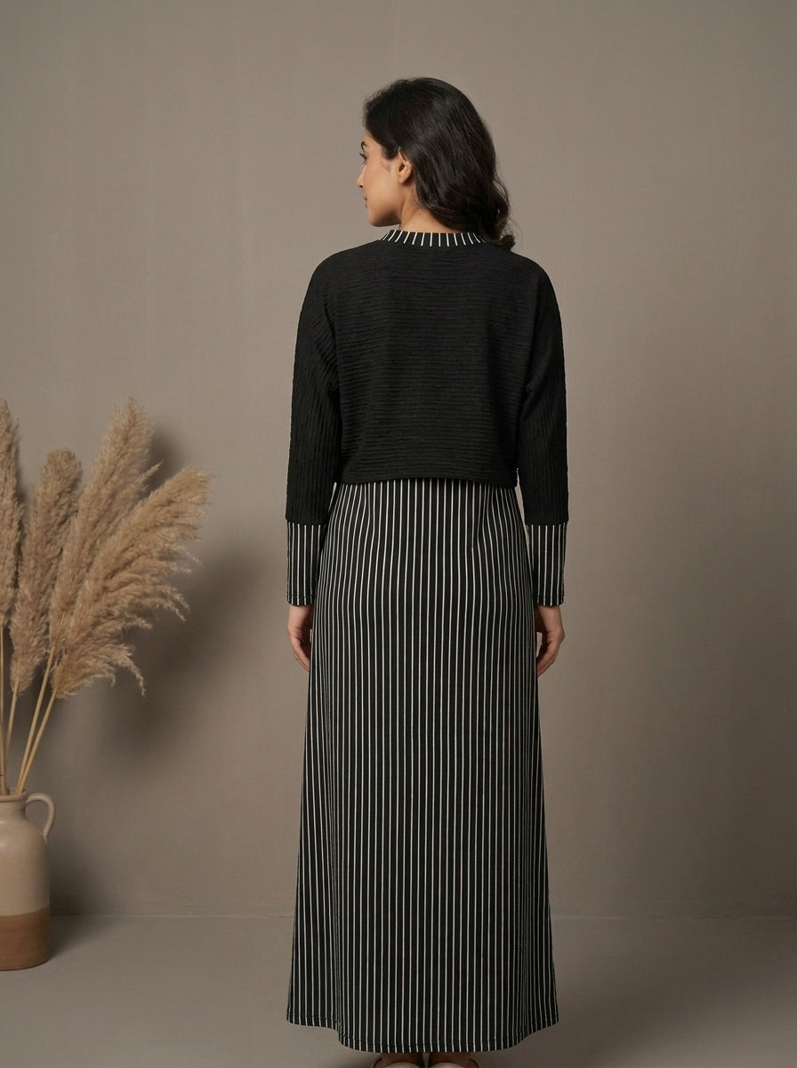 Striped Layered High-Neck Maxi Dress Set