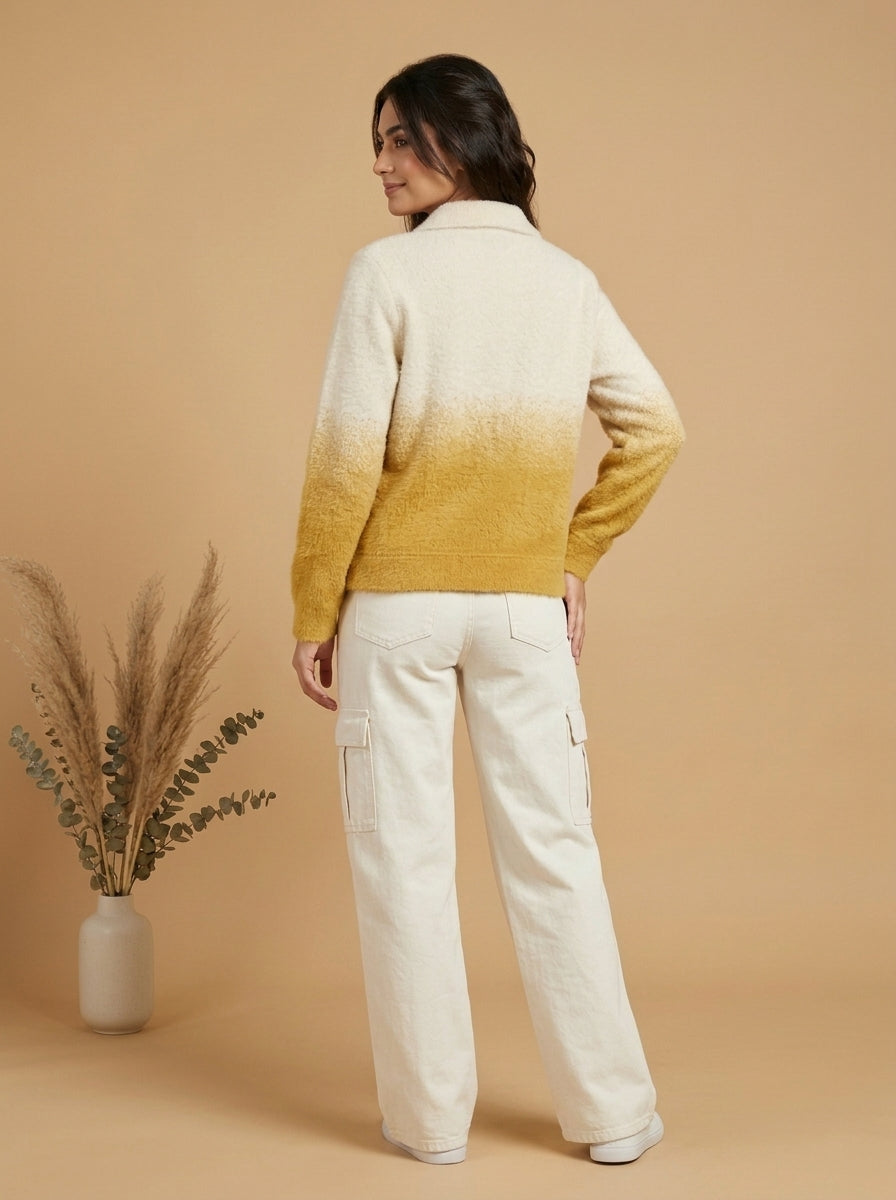 Dual-Tone Knit Button-Front Jacket