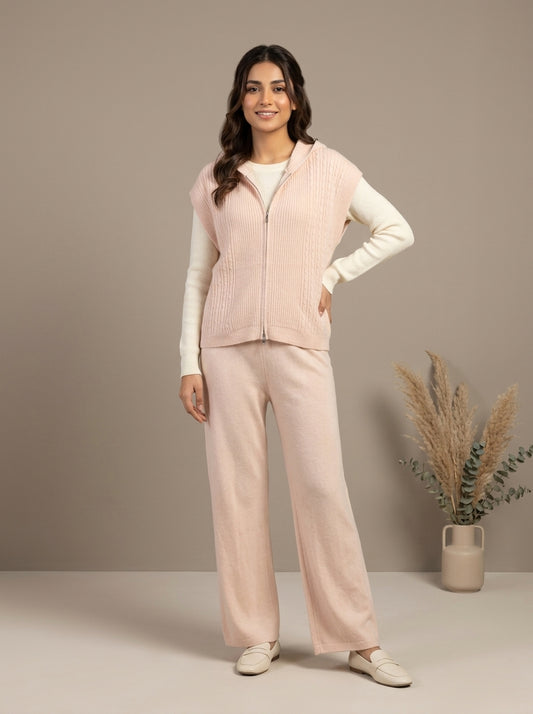 Ribbed Knit Hooded Vest, Inner Top & Wide-Leg Trouser 3-Piece Co-ord Set