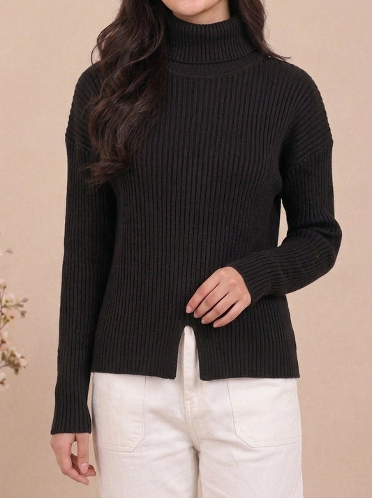 Ribbed Turtleneck Knit Sweater with Front Slit