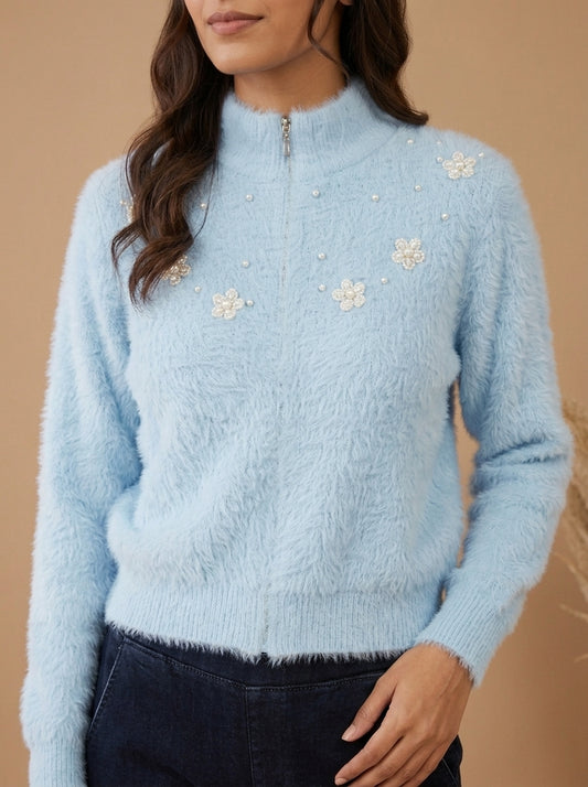 Pearl & Floral Embellished Fuzzy Knit Zip-Up Sweater