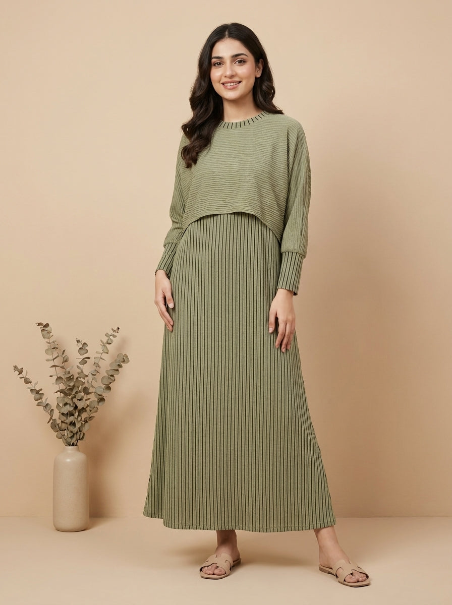 Striped Layered High-Neck Maxi Dress Set