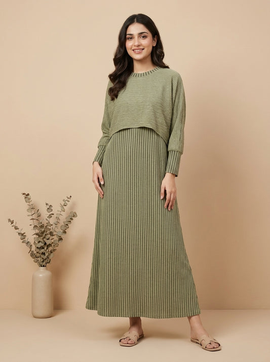Striped Layered High-Neck Maxi Dress Set