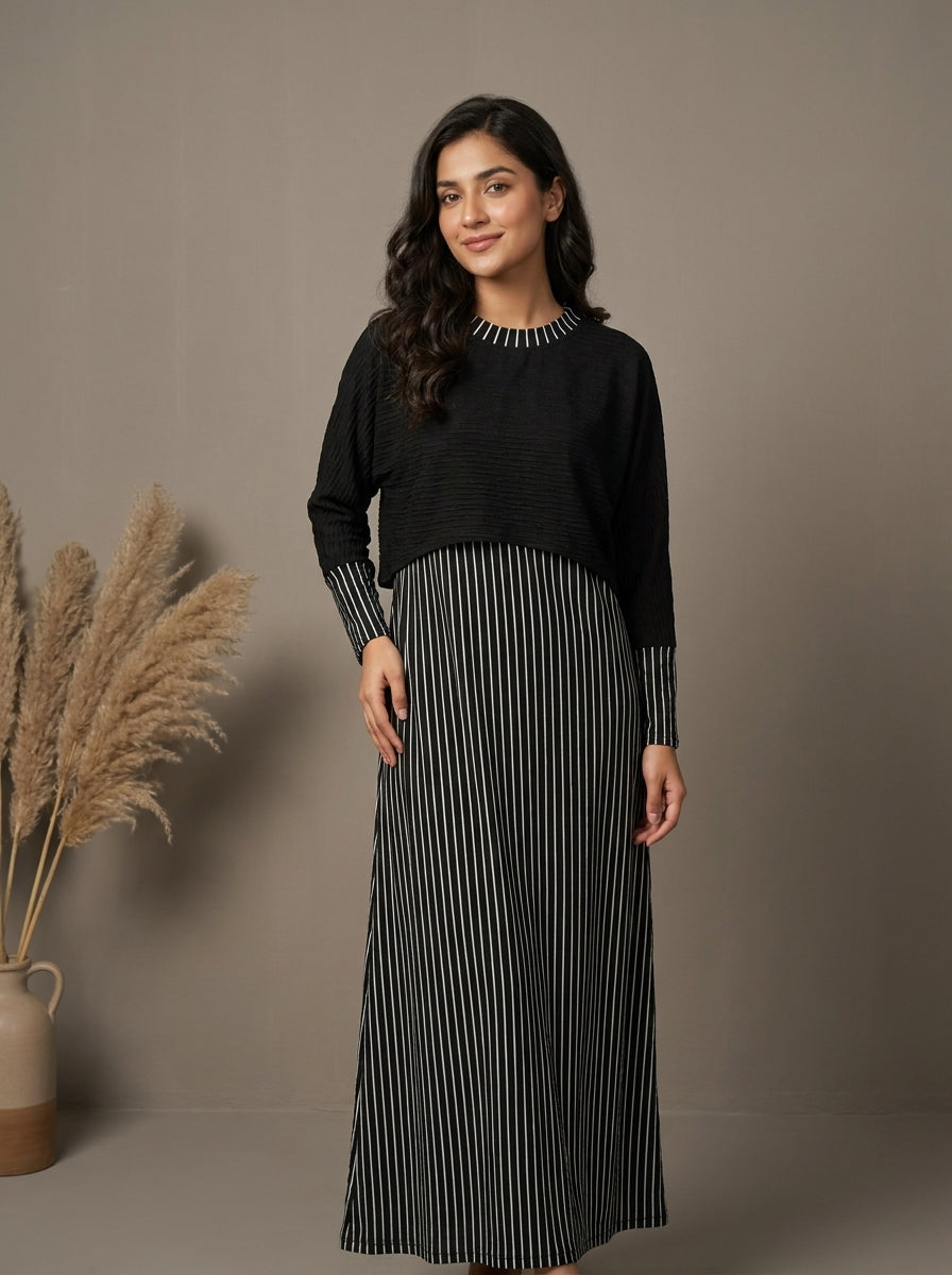 Striped Layered High-Neck Maxi Dress Set