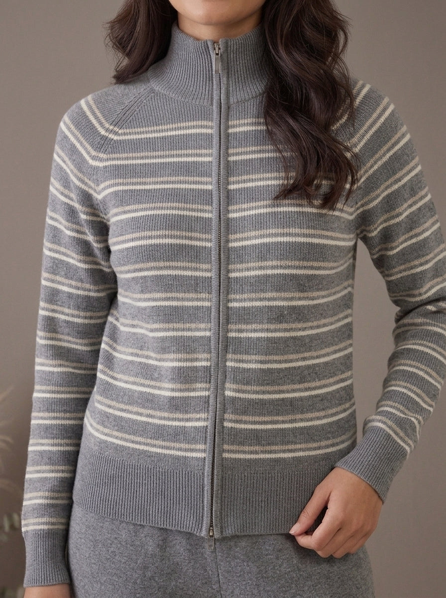 Striped Zip-Front Knit Cardigan with Trousers