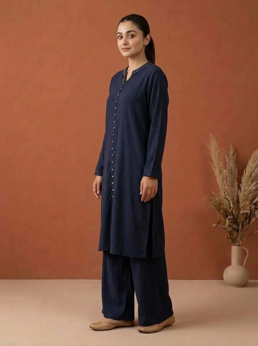 Textured Embellished Long Tunic & Wide-Leg Trouser 2-Piece Co-ord Set