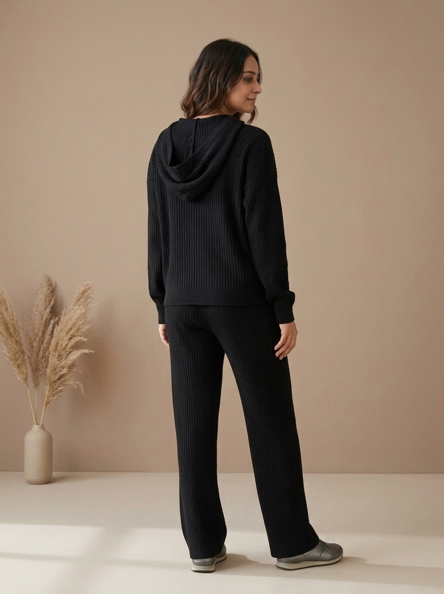 Ribbed Knit Hooded Vest, Inner Top & Wide-Leg Trouser 3-Piece Co-ord Set