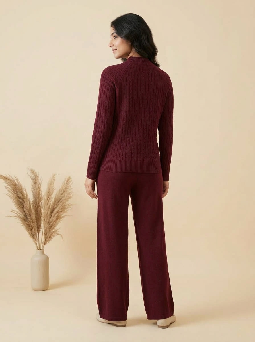 Cable-Knit Mock Neck Sweater & Drawstring Wide-Leg Trouser 2-Piece Co-ord Set