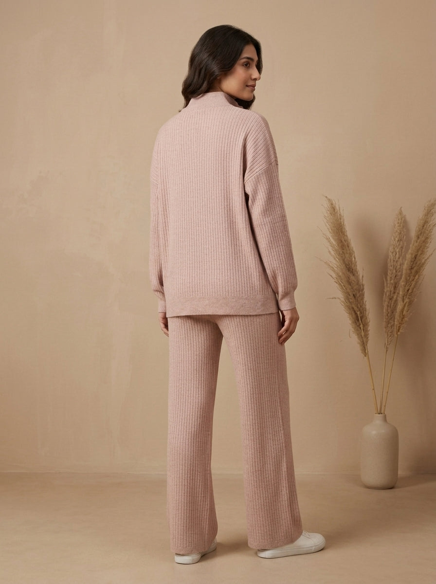 Ribbed Knit Half-Zip Pullover with Trousers