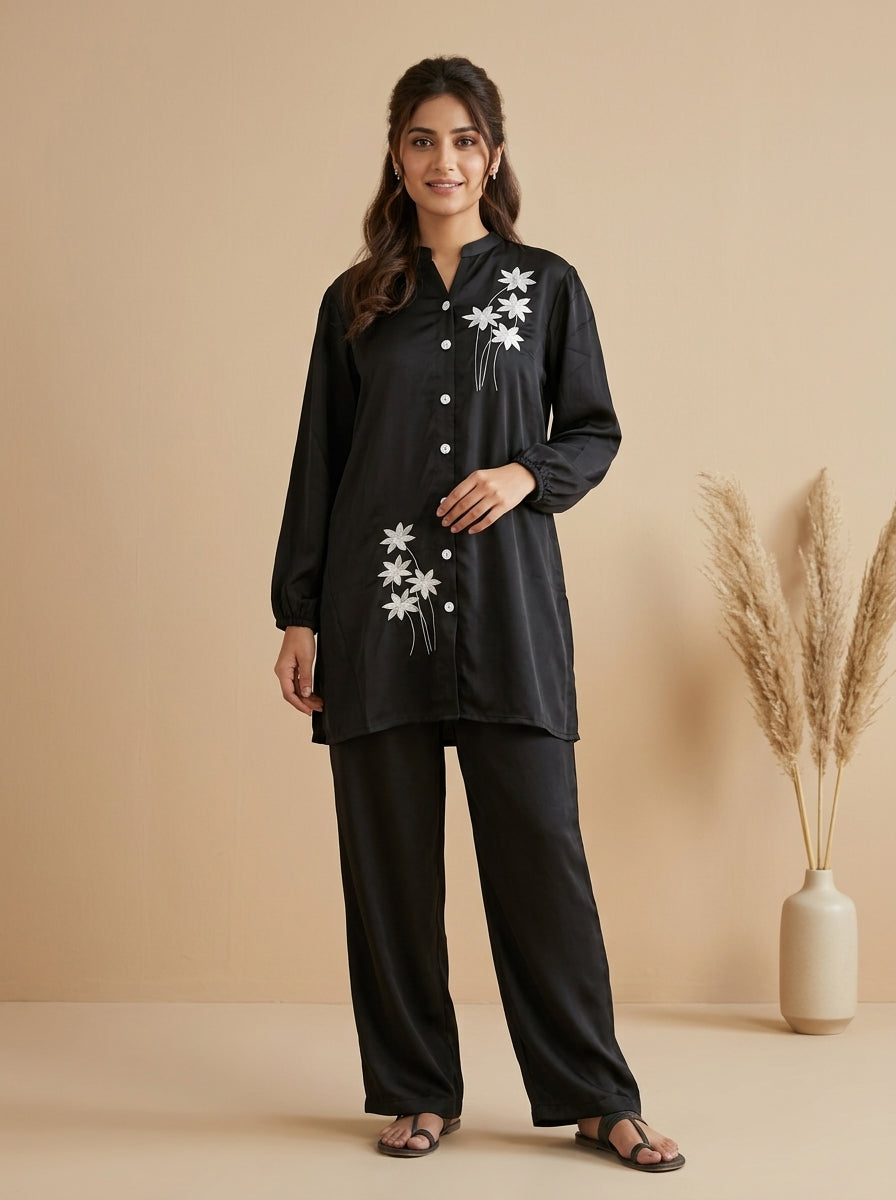 Floral Embroidered Button-Front Shirt with Trousers