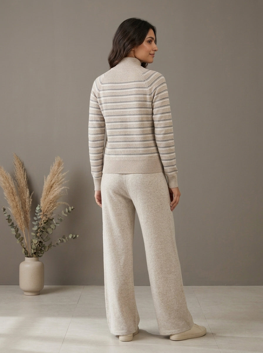 Striped Zip-Front Knit Cardigan with Trousers