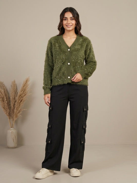 Pearl Embellished Plush Knit Cardigan