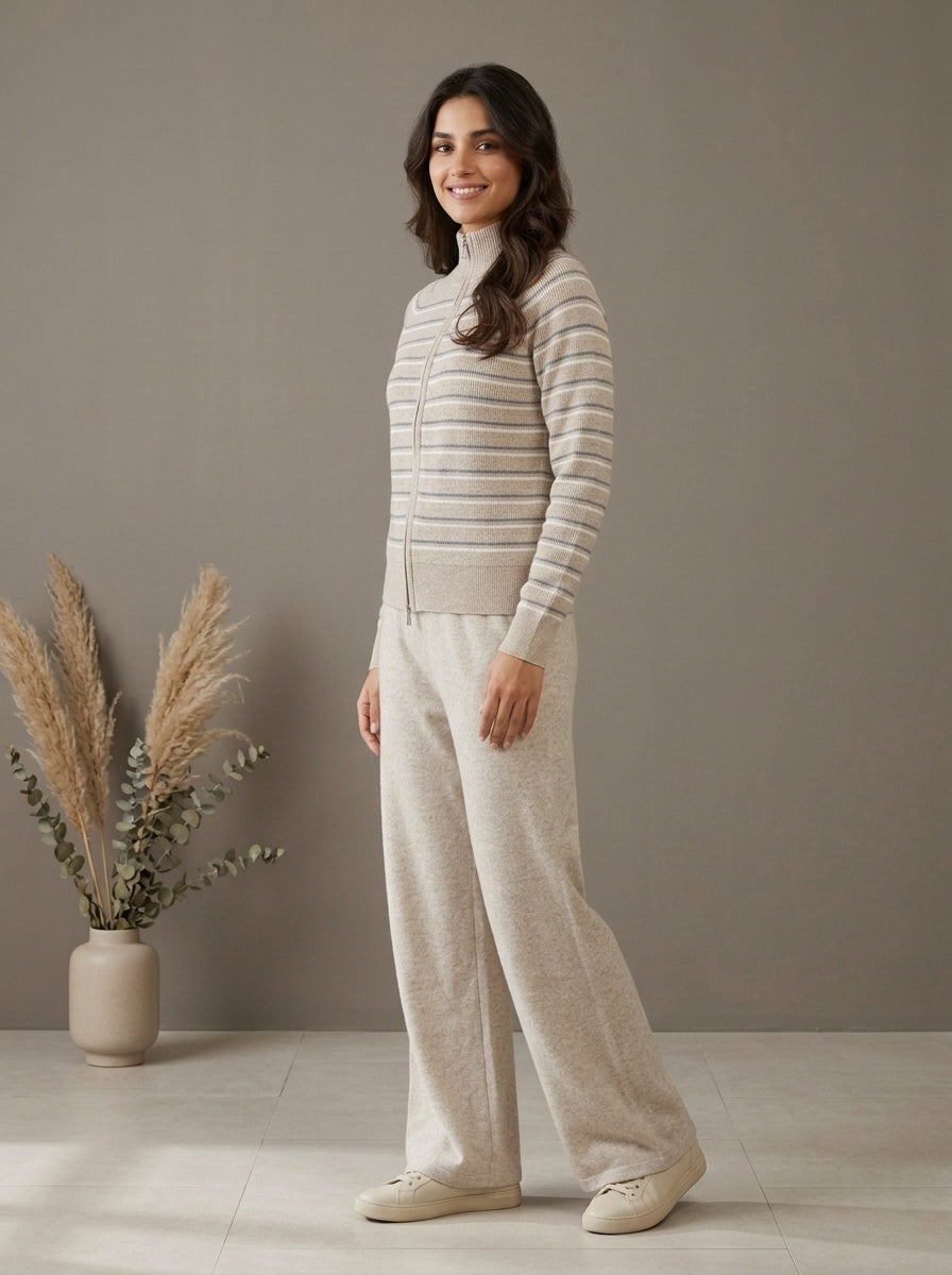 Striped Zip-Front Knit Cardigan with Trousers
