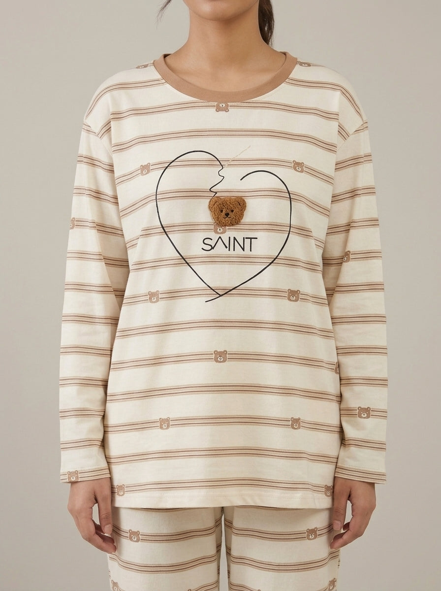 Bear Embellished Striped Lounge Set