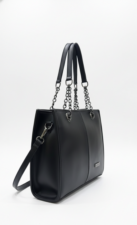 Black handbag with chain detail on a white background