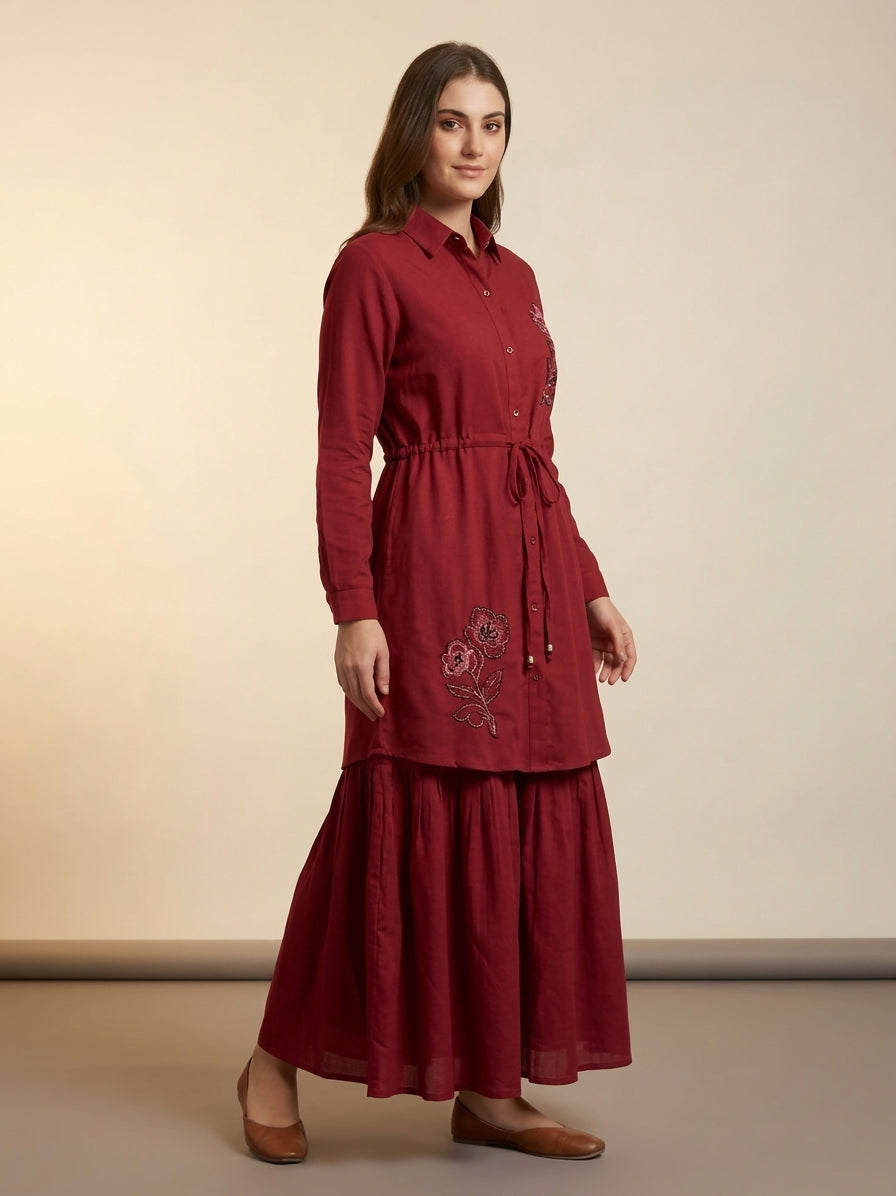 Maroon Embroidered Shirt Dress Set