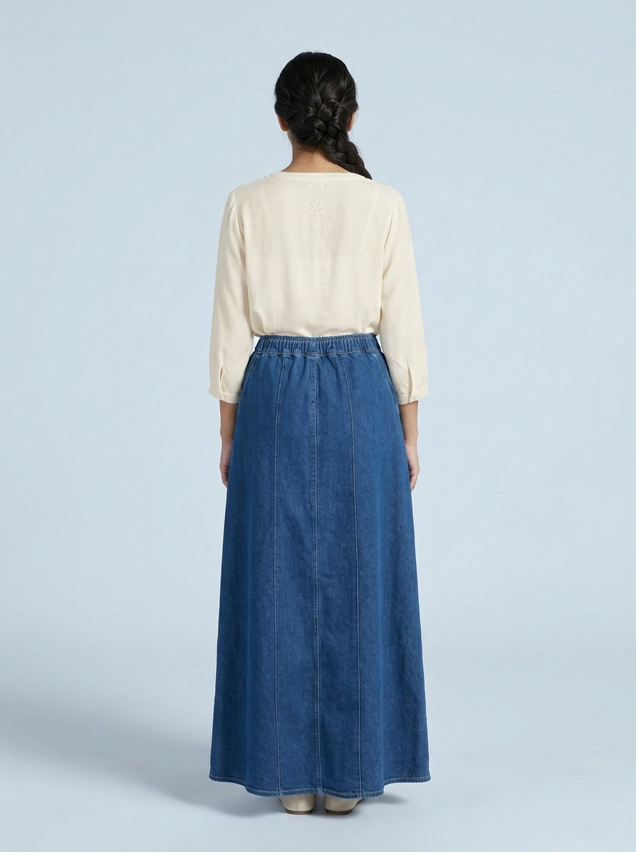 Drawstring Denim Maxi Skirt