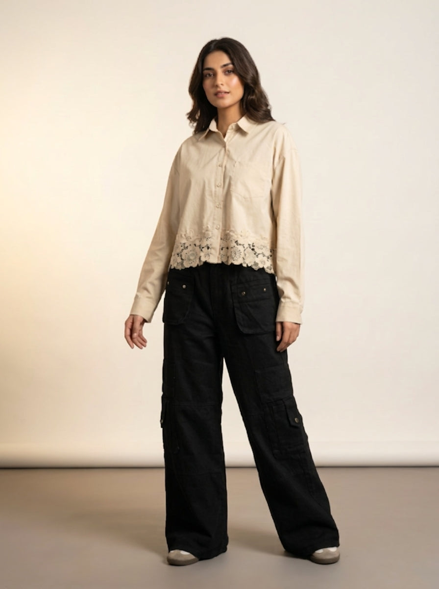Beige Lace-Trimmed Cropped Shirt