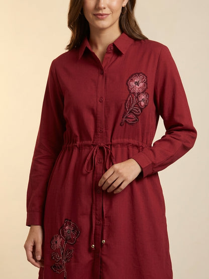 Maroon Embroidered Shirt Dress Set