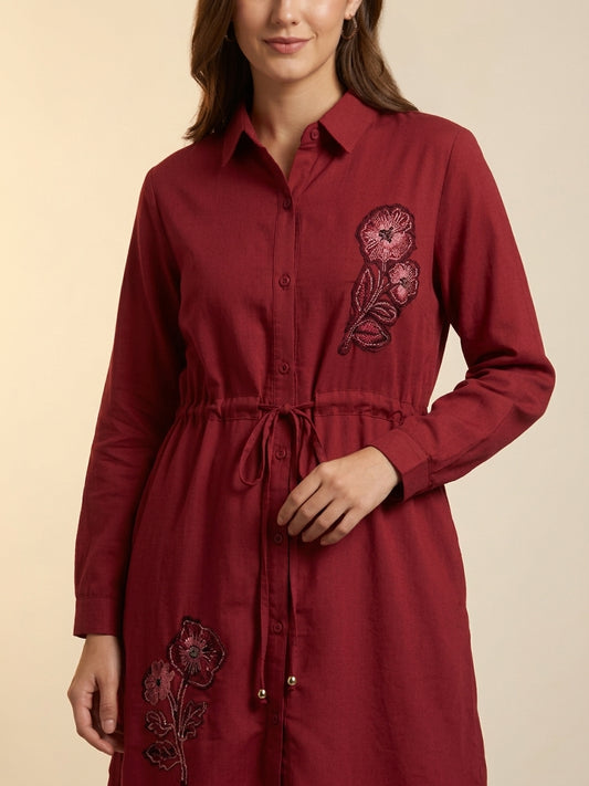 Maroon Embroidered Shirt Dress Set