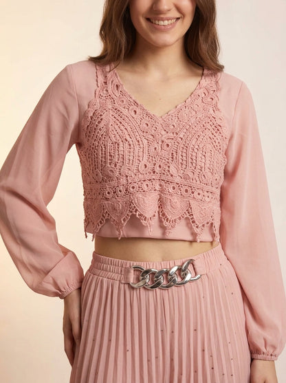 Dusty Rose Crochet Lace Crop Top