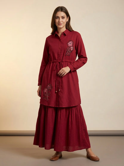 Maroon Embroidered Shirt Dress Set