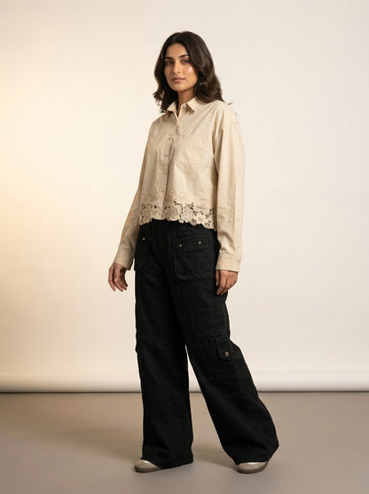Beige Lace-Trimmed Cropped Shirt