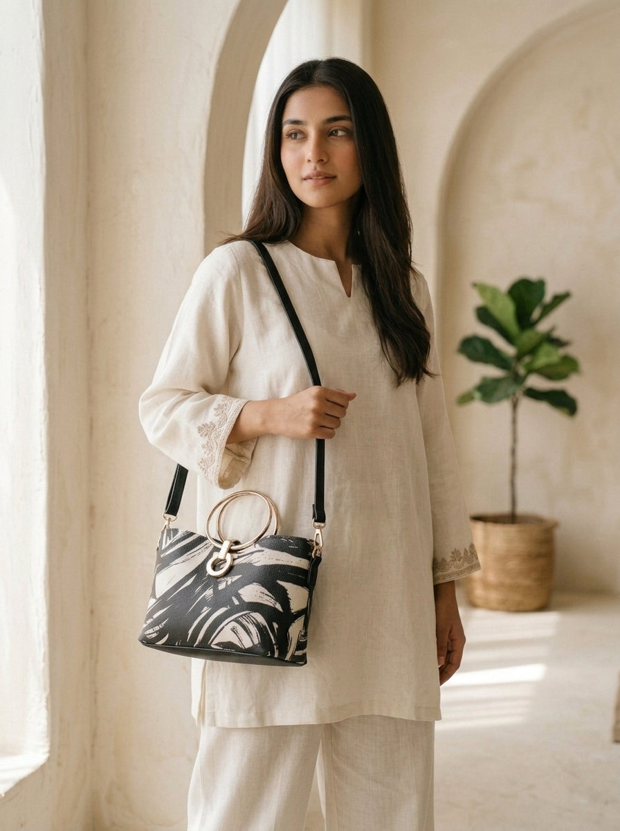 Ethnic Printed Ring Handle Handbag