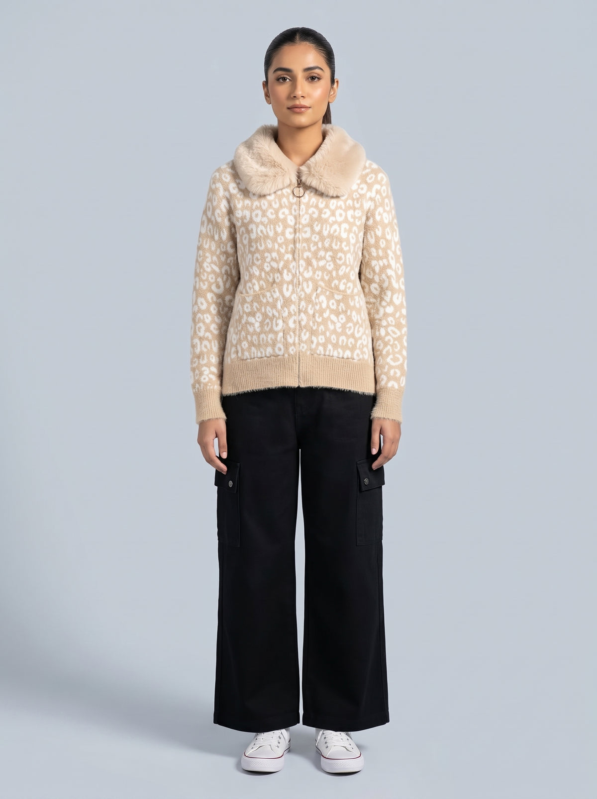 Faux Fur Collar Leopard Knit Zip Sweater