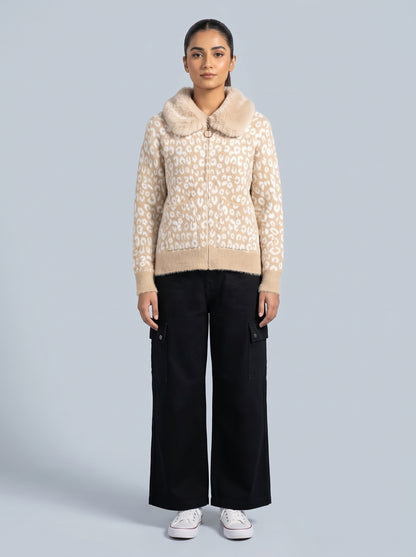 Faux Fur Collar Leopard Knit Zip Sweater