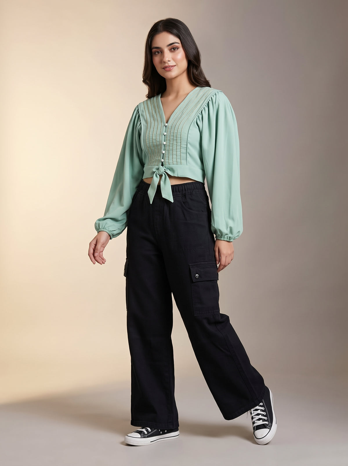 Sage Green Pintuck Tie-Front Crop Blouse