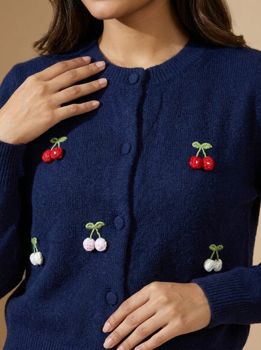 Cherry Embellished Plush Knit Cardigan