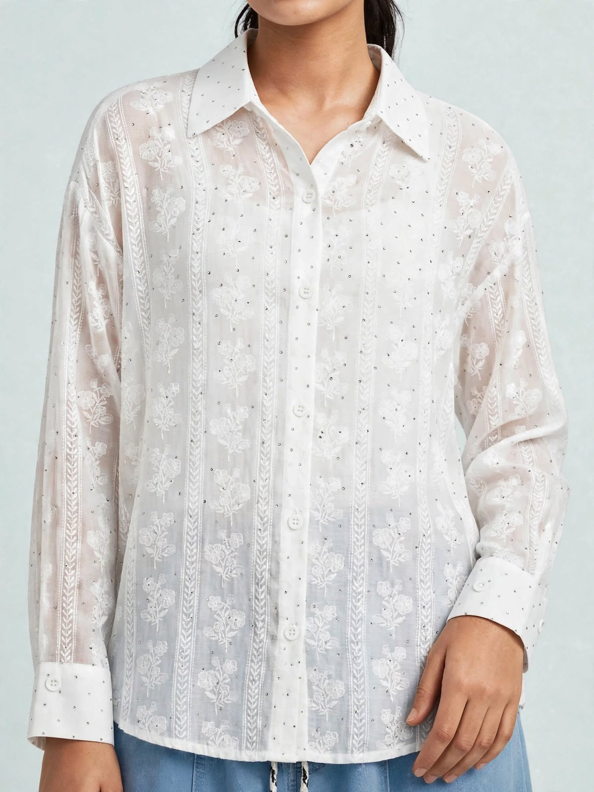 Embroidered Sequin Button-Down Shirt