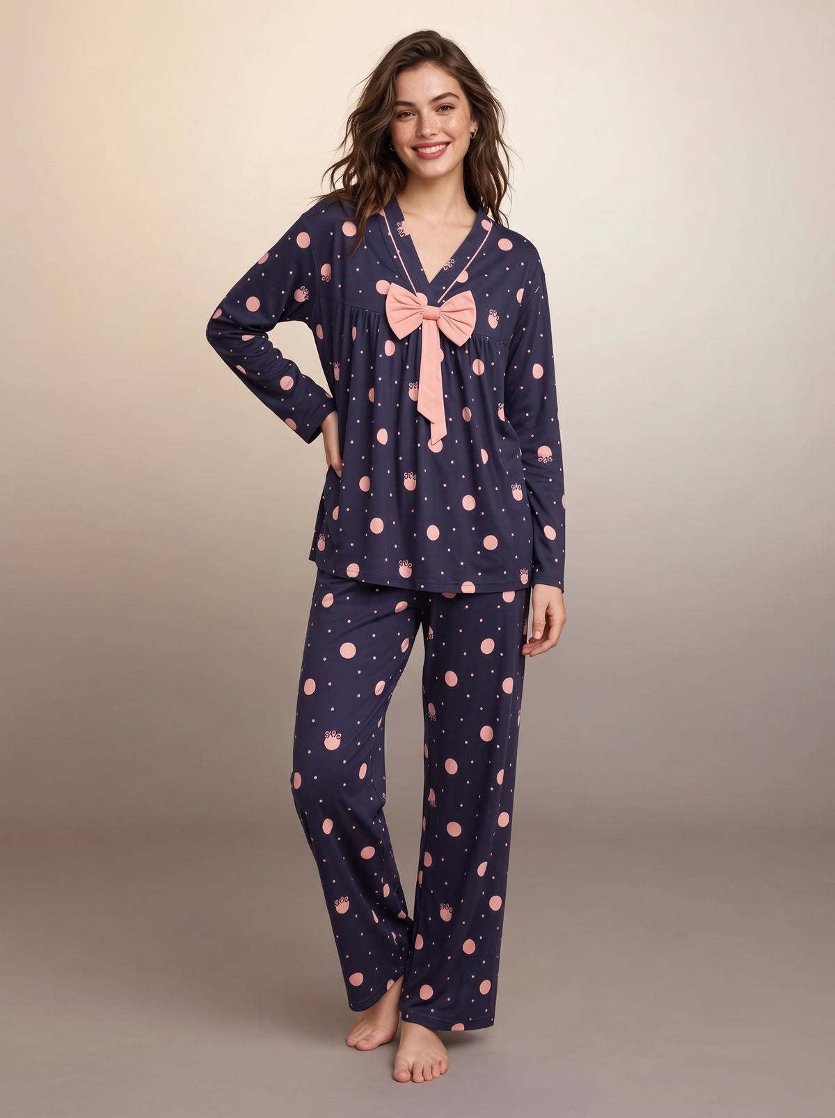 Midnight Navy & Blush Pink Polka Dot Comfort Night Wear Set