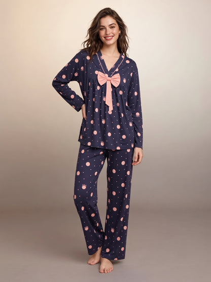 Midnight Navy & Blush Pink Polka Dot Comfort Night Wear Set