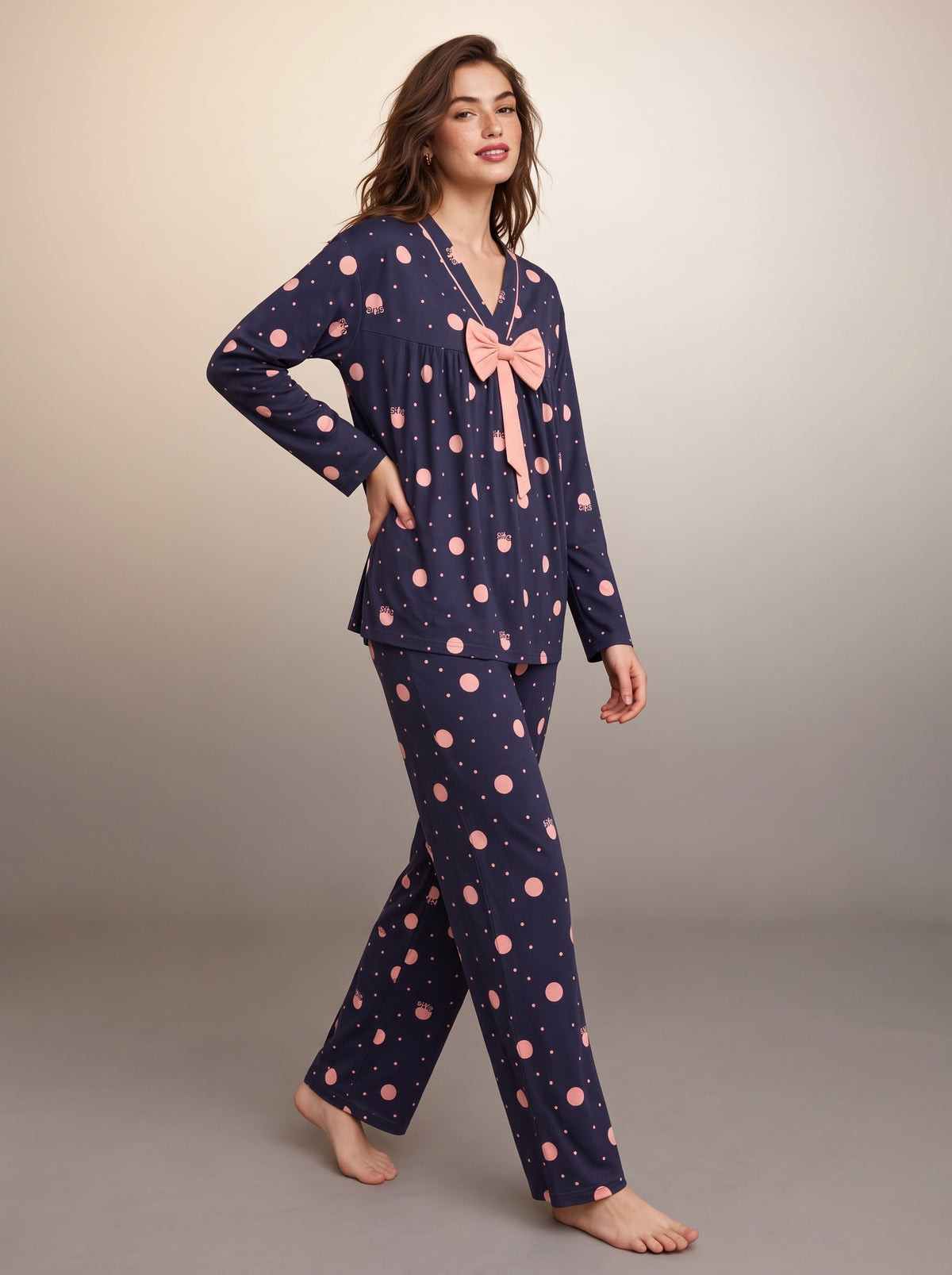 Midnight Navy & Blush Pink Polka Dot Comfort Night Wear Set