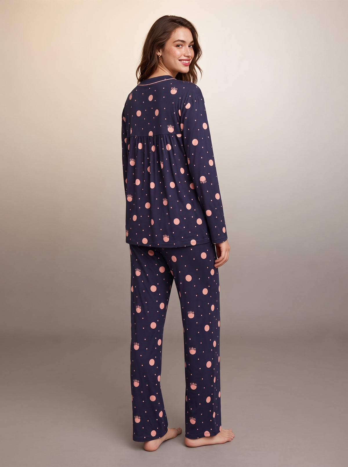 Midnight Navy & Blush Pink Polka Dot Comfort Night Wear Set