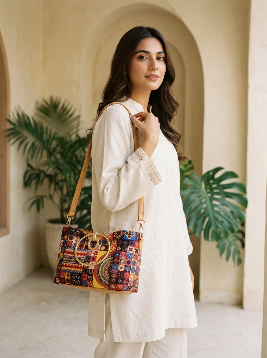 Ethnic Printed Ring Handle Handbag