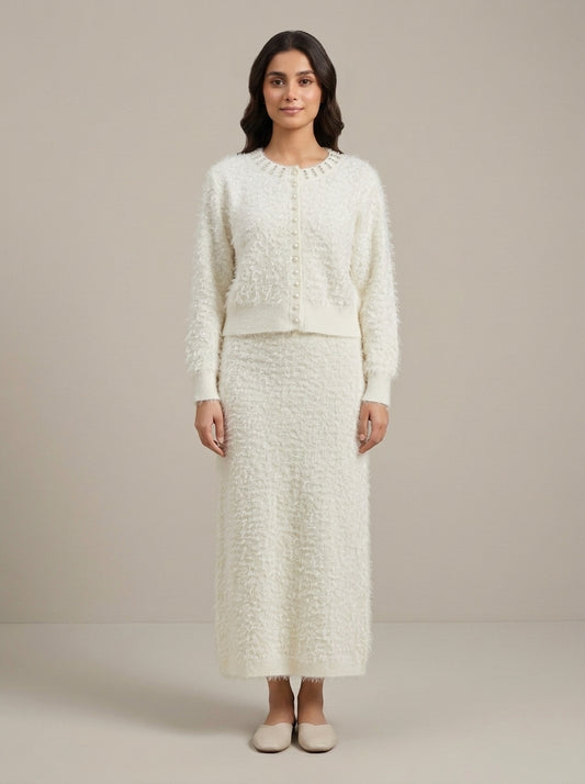 Embellished Feather-Effect Cardigan with Matching Bottom Wear