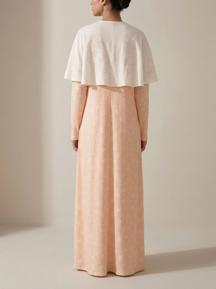 Embellished Cape Overlay Printed Maxi Dress