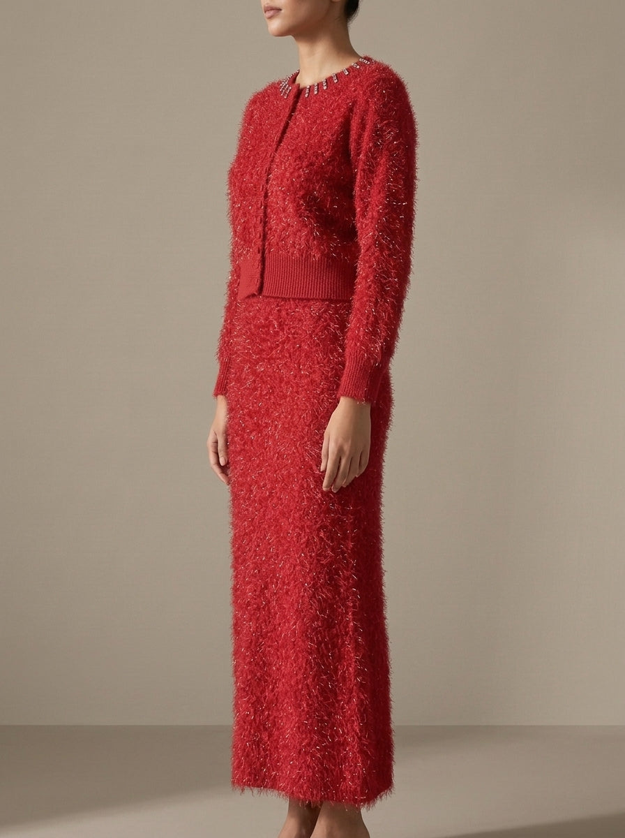 Embellished Feather-Effect Cardigan with Matching Bottom Wear