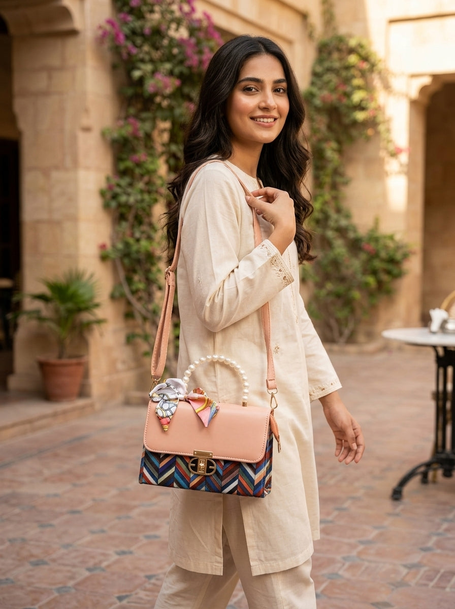Floral Print Pearl Top Handle Bag