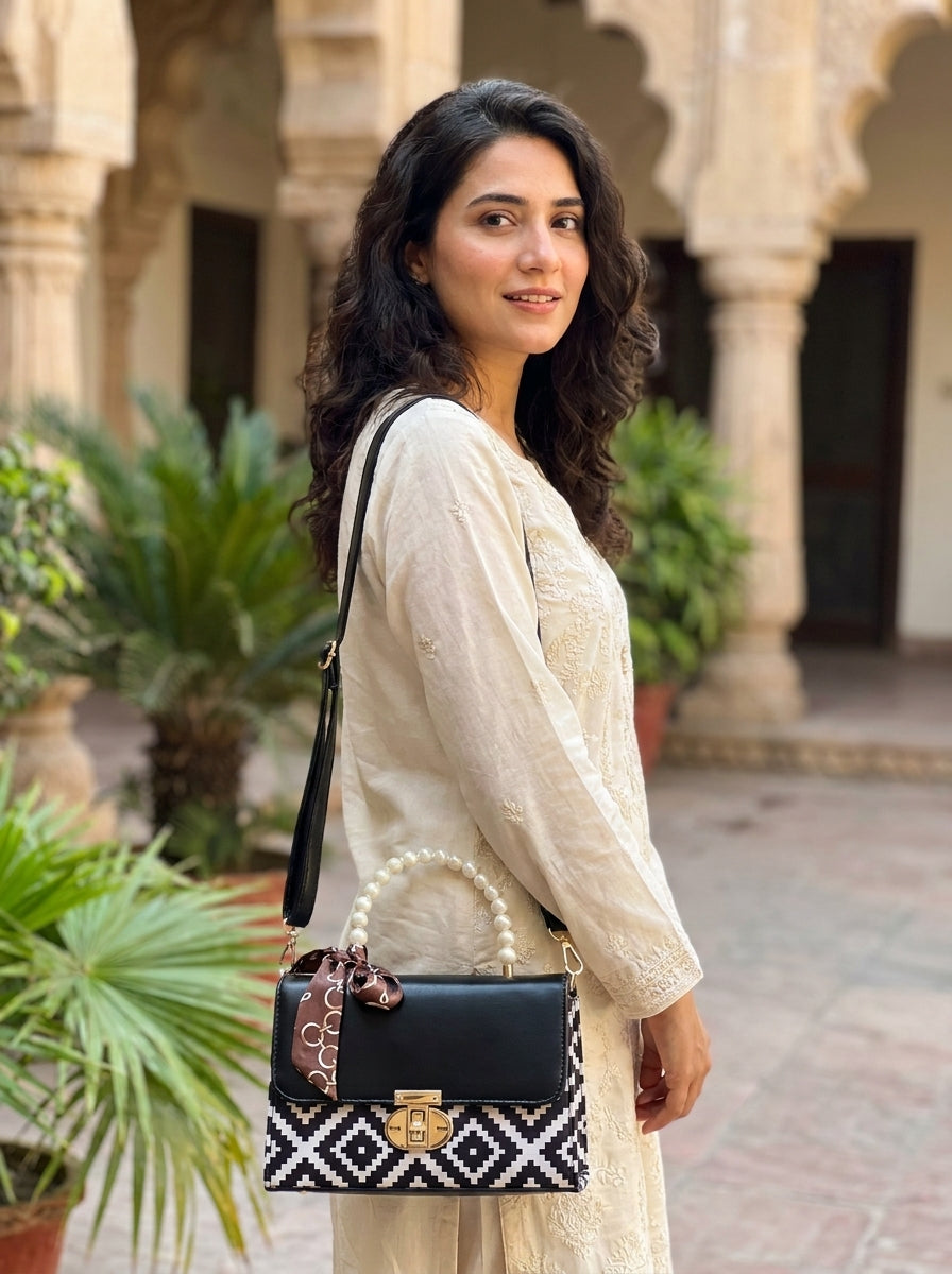 Floral Print Pearl Top Handle Bag