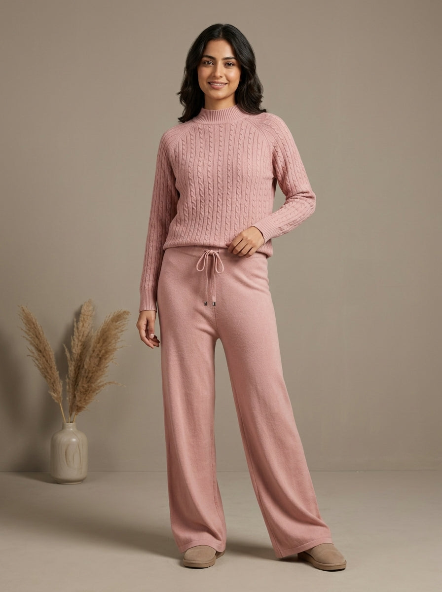 Cable-Knit Mock Neck Sweater & Drawstring Wide-Leg Trouser 2-Piece Co-ord Set