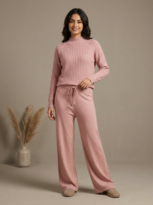 Cable-Knit Mock Neck Sweater & Drawstring Wide-Leg Trouser 2-Piece Co-ord Set