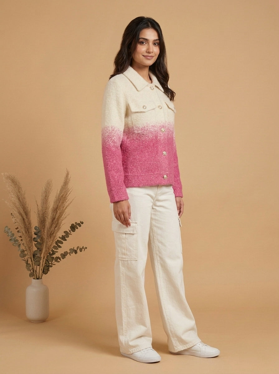 Dual-Tone Knit Button-Front Jacket