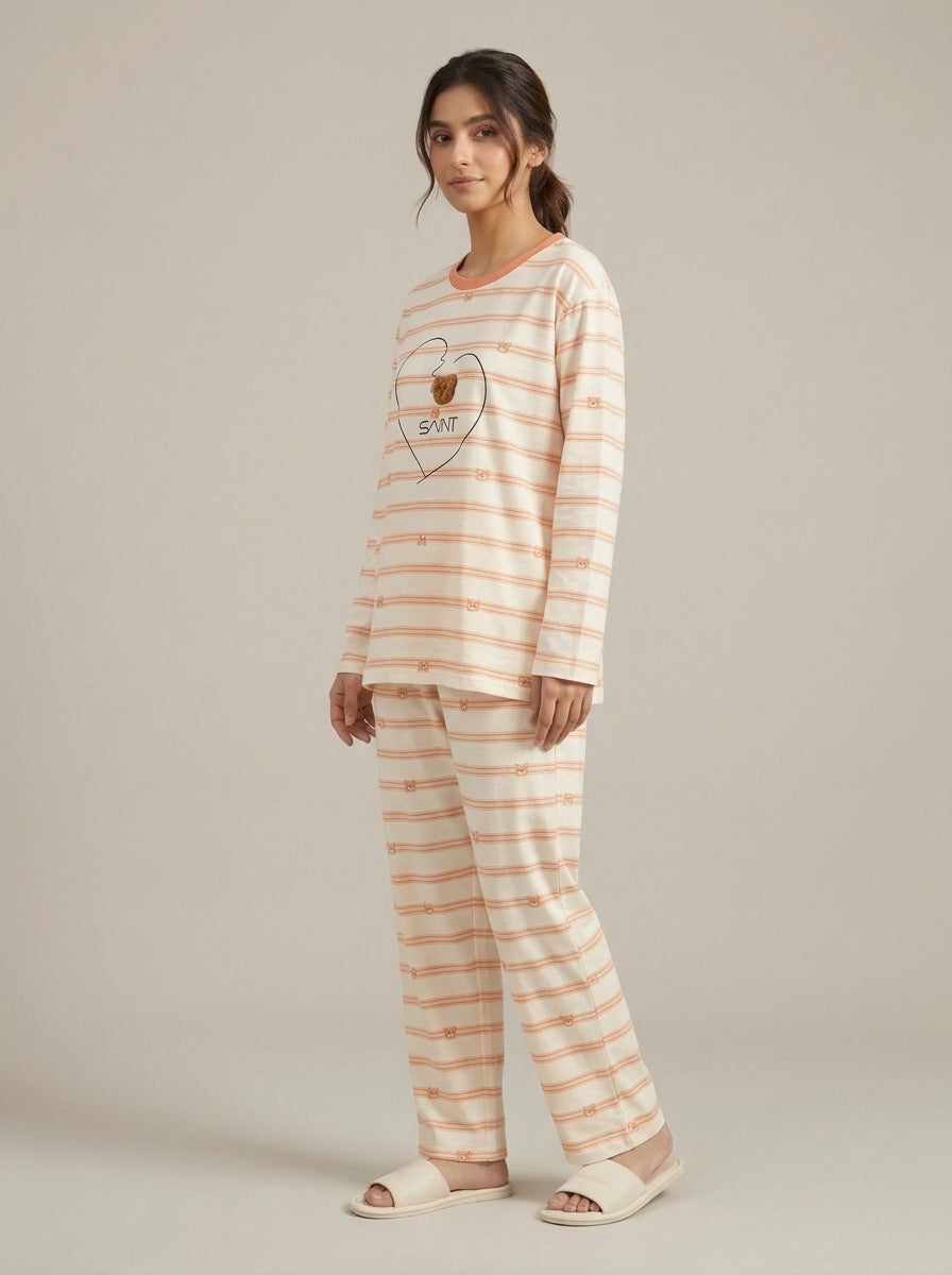 Bear Embellished Striped Lounge Set
